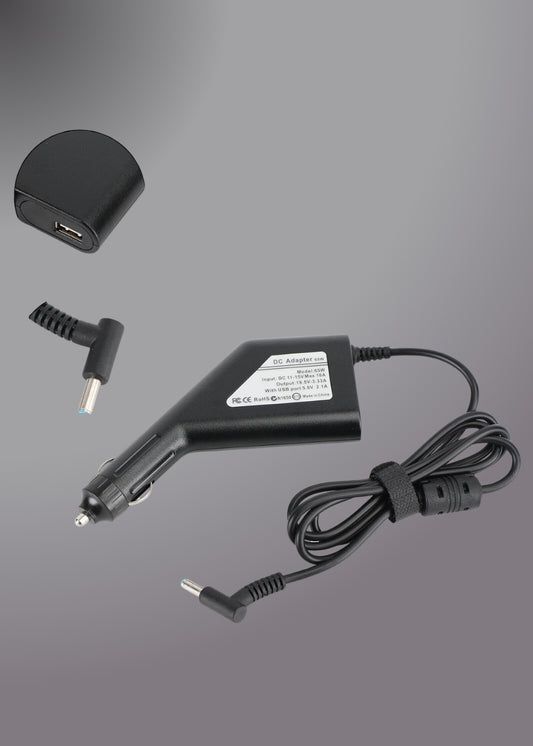 65w Hp Laptop Car Charger 4.5x3.0mm 19.5v 3.33a Blue Pin With Usb Port