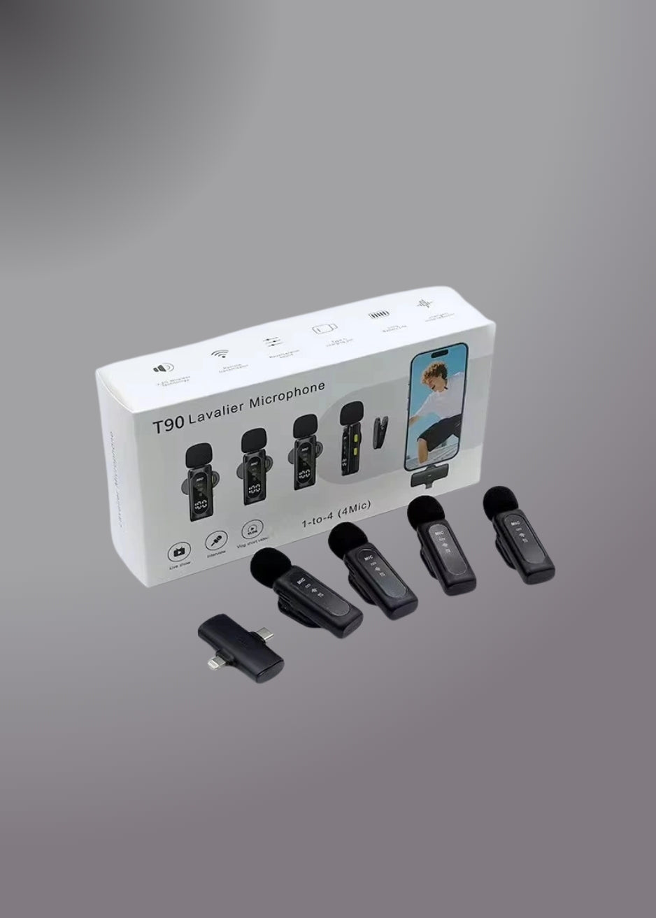 Latest T90 2-in-1 Connectivity 4 Wireless Mic Lavalier Microphone Digital Display Noise Cancelling