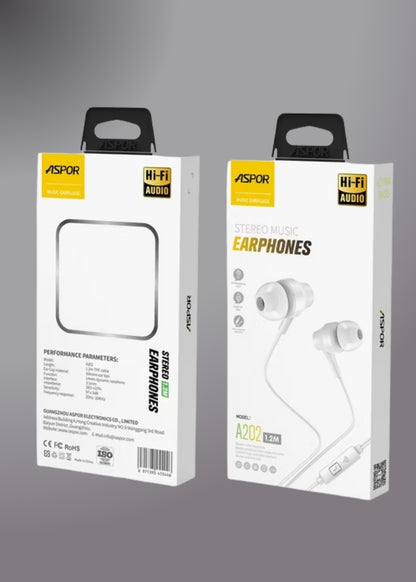 Aspor A202 DC 3.5mm Earphone Smart Surround Mic + Pause Button 1.2m Earphone