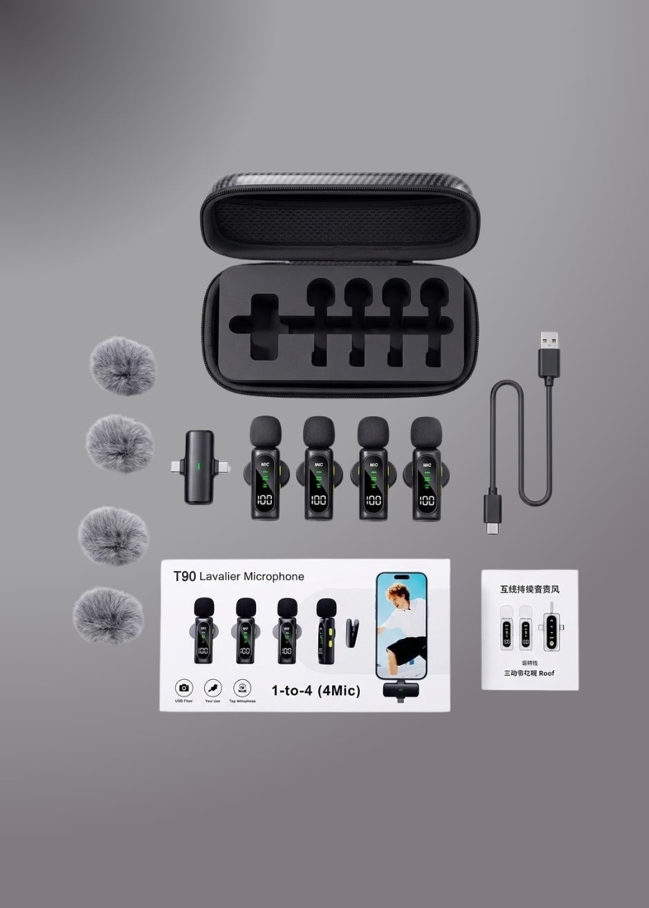 Latest T90 2-in-1 Connectivity 4 Wireless Mic Lavalier Microphone Digital Display Noise Cancelling