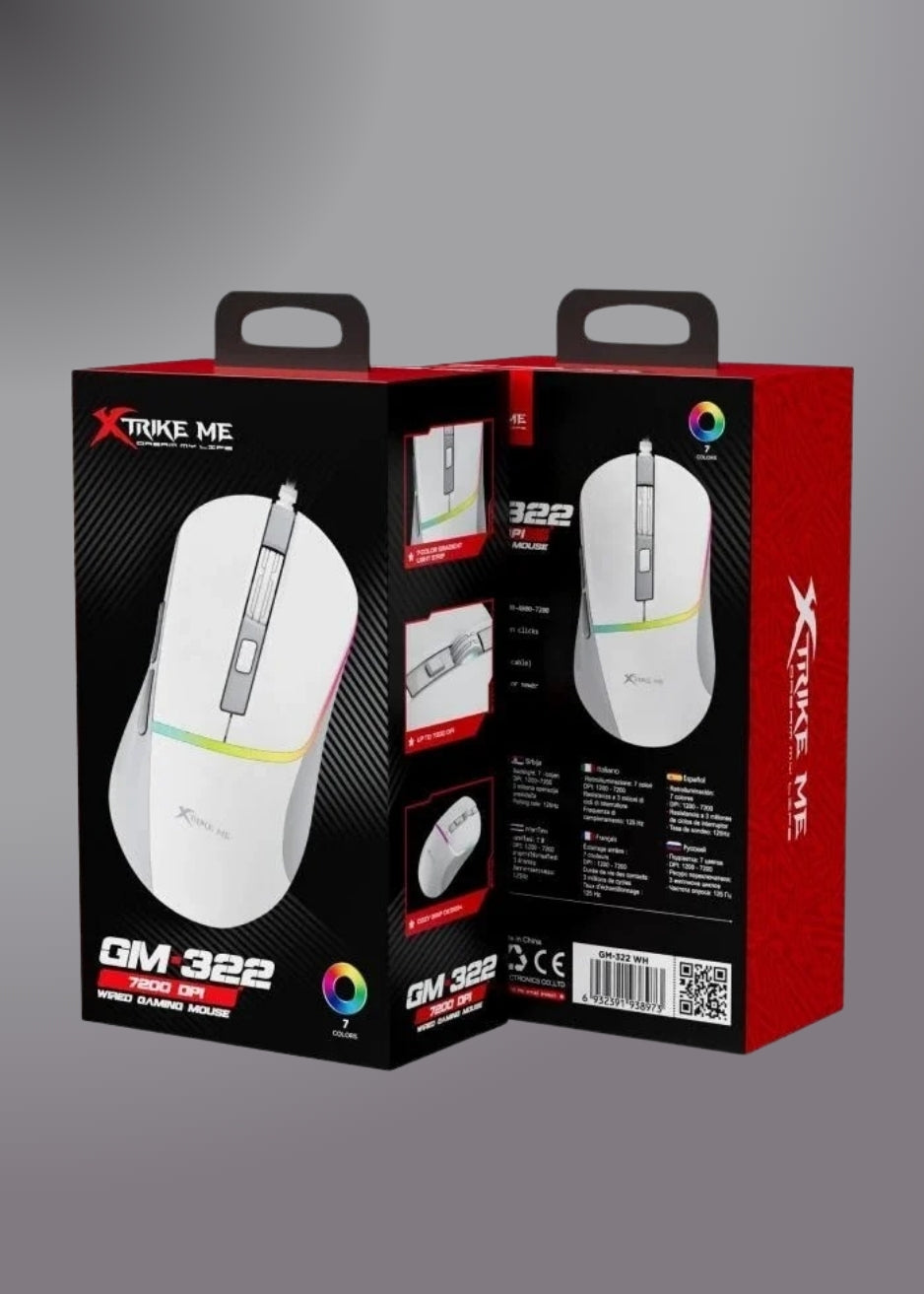 Xtrike Me Gm-322 Wired Gaming Mouse 7200 Dpi Rgb Backlight Ergonomic Design White
