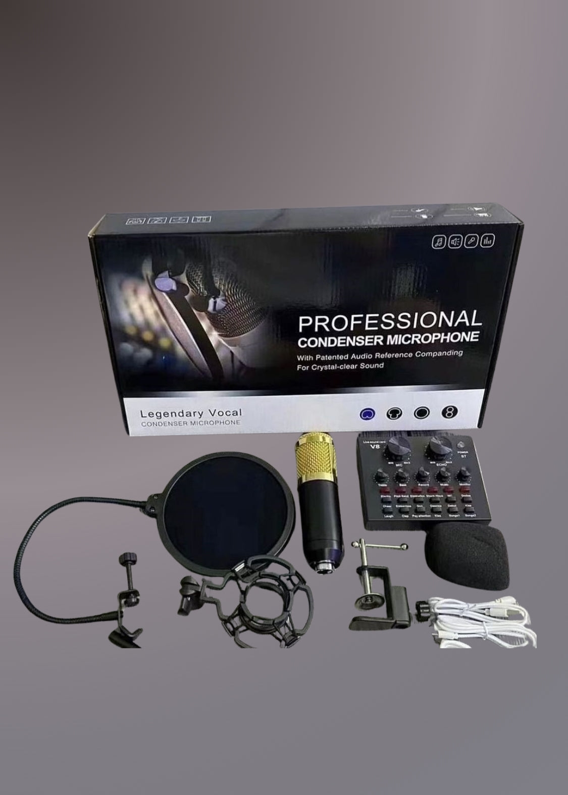 V10 BM-800 PODCAST CONDENSER MICROPHONE SET WITH LIVE SOUND CARD, RECHARGEABLE 12 KINDS OF AUXILIARY BACKGROUND FOR KARAOKE SINGING, YOUTUBE RECORDING MIC
