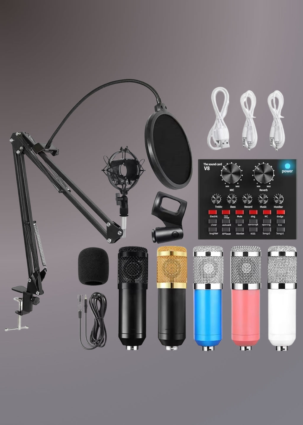V8 Bm-800 Podcast Mic Set With Live Sound Card,Condenser Microphone With Rechargeable 12 Kinds Of Auxiliary Background For Karaoke Singing, Youtube Recording Mic